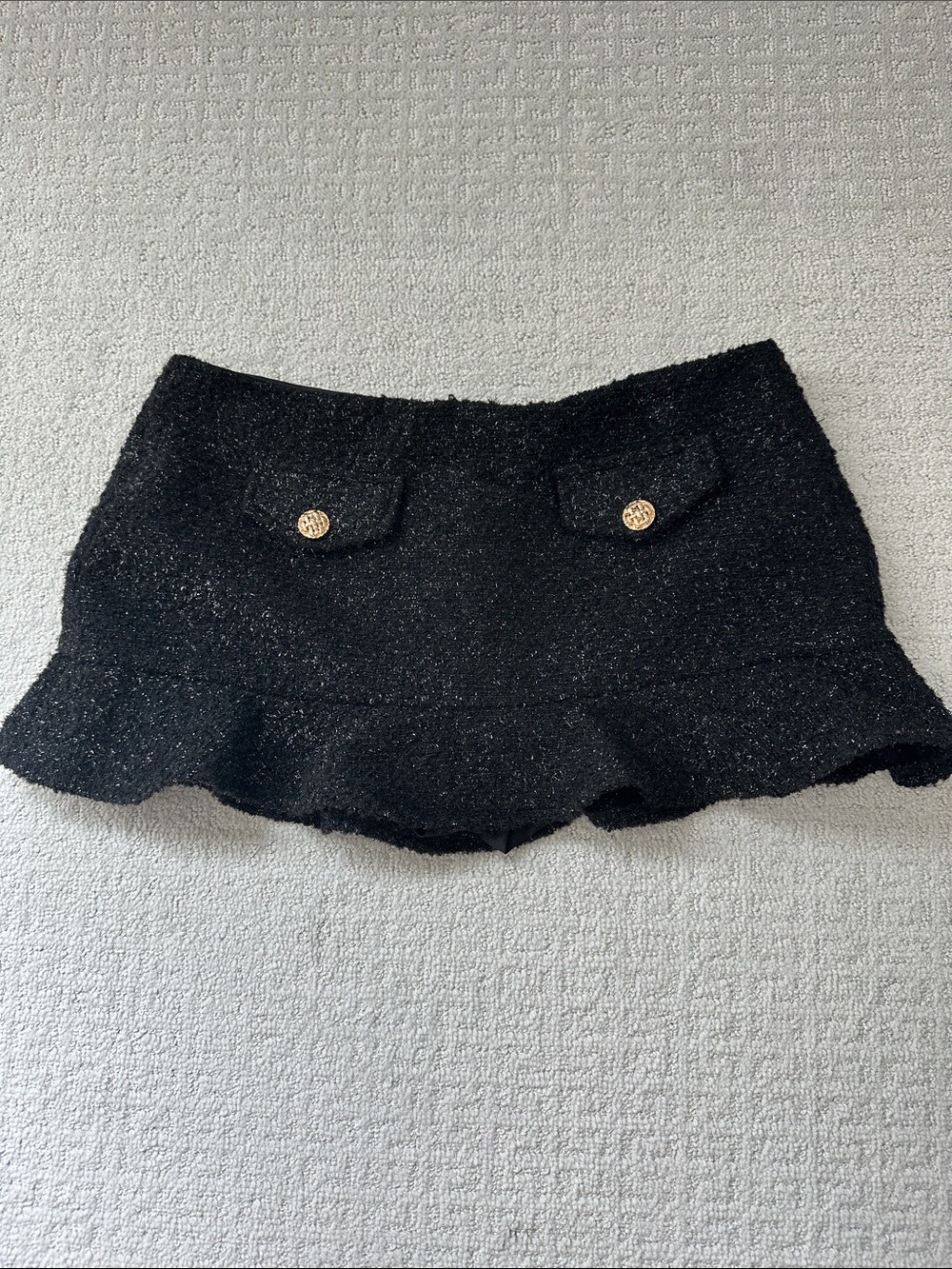Black Tweed Ruffle Hem Mini Skirt with Gold Buttons